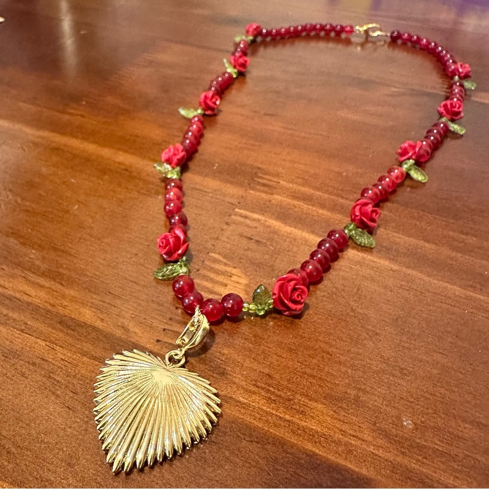 Custom Gold Heart Pendant Necklace with Red and Green Accents